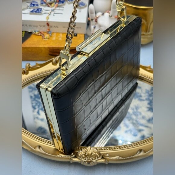 🆕 JASON WU 🧿 NWOT Black Croc Embossed Leather Clutch, with Gold Chain Strap - Picture 5 of 16